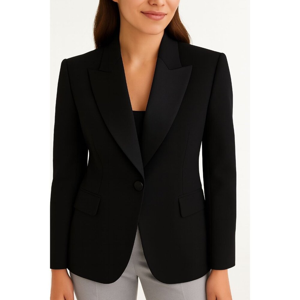 ZARA Small Jet Black Tuxedo Style Blazer Wool Blend Tailored Jacket One Button